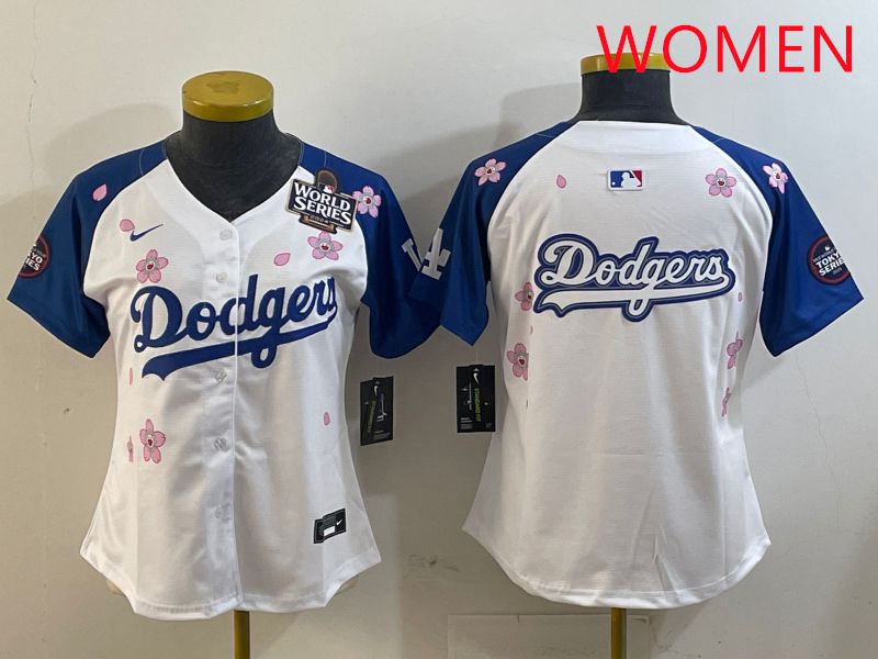 Women Los Angeles Dodgers Blank White Blue Sakura Edition 2025 Nike MLB Jersey style 15->women mlb jersey->Women Jersey